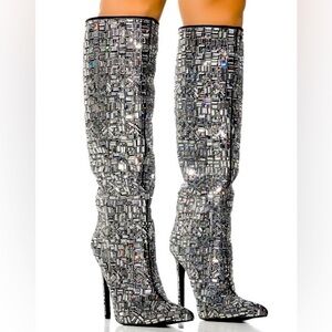 AZALEA WANG Silver Embellished Rhinestones Knee High Boot